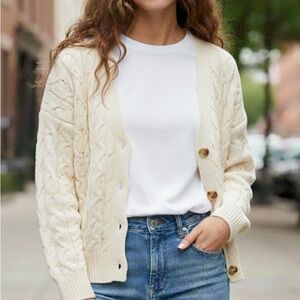 Vertical Cable Knit Aran Style White Cardigan XL 24”